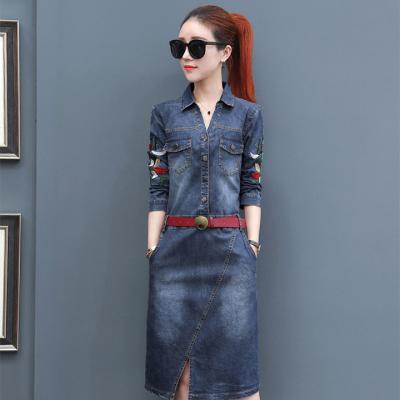 ĐẦM JEAN CỔ SƠ MI TAY DÀI THÊU HOA - NJ969